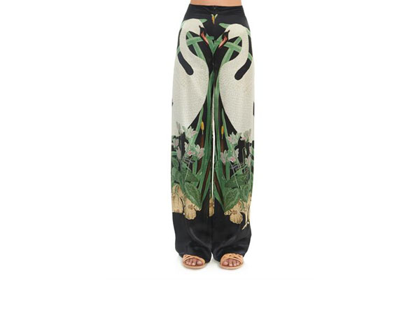 Swan print wide-leg silk trousers from Adriana Degreas