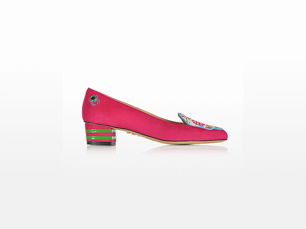 Day of the Dead fiesta pink suede pumps from Charlotte Olympia