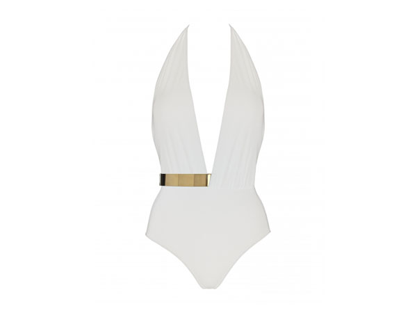 Bridget plunge front swimsuit with gold belt from Moeva London