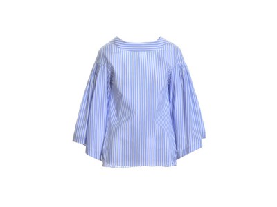 Bell sleeved top in blue and white stripped cotton from Teija Eilola